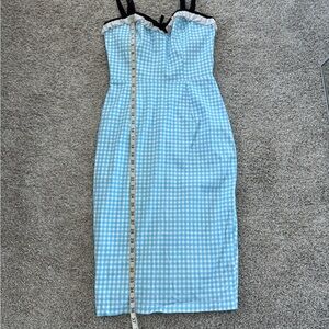 Vixen by Micheline Pitt Light Blue and White Gingham Midi Dress with Black Trim